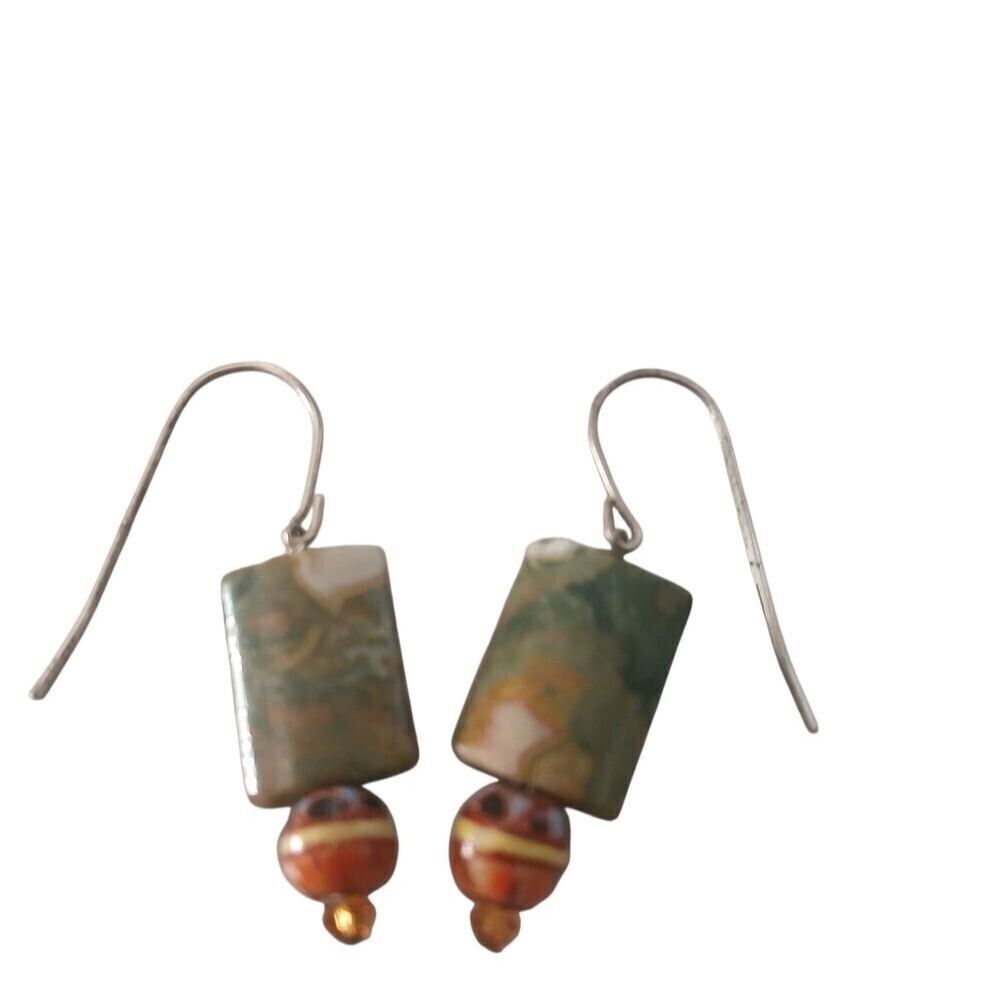 Jasper Dangle Earrings with Beaded Accents French Ear Wires Bauxite Beads Rustic